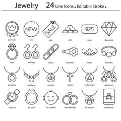 Jewelry shop line icons set, editable stroke signs