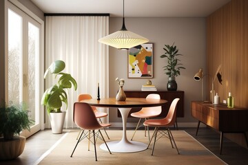 Cozy soft light midcentury modern dining room with spring pastel blue with brass pendant light fixture and large bleached wood paneling and backyard garden views Made with Generative AI