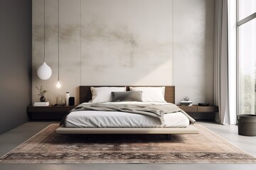 A mid - century modern bedroom with a geometric accent wall, a platform bed, and vintage decor. generative ai