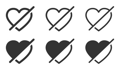 Cross on heart social media vector icons. Hide like vector symbols. No heart icons. Dislike vector icons