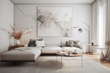 White minimalist living room interior with sofa on a wooden floor, decor on a large wall, white landscape in window. Home Nordic interior. Generative AI