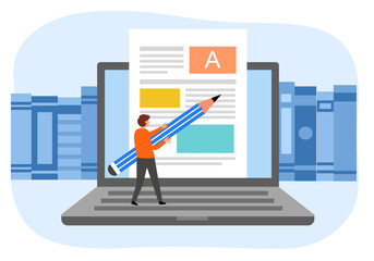 Blog author writing articles on laptop computer. Creative content writer. Blogger.