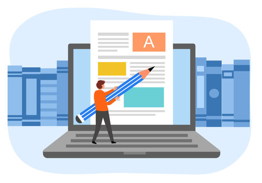 Blog author writing articles on laptop computer. Creative content writer. Blogger.