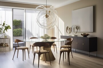 Modern dining room with table and chairs. Generative AI