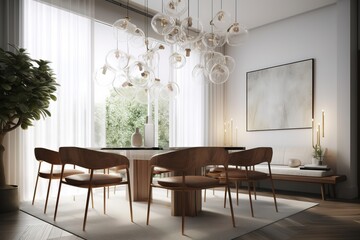 Modern dining room with table and chairs. Generative AI