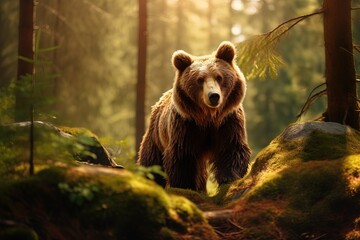 Big brown bear in the summer forest. The bear looks at the camera with curiosity.