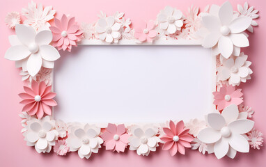 Naklejka na ściany i meble A pink and white paper photo frame with flowers on it