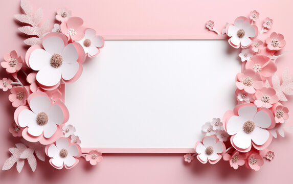 A pink and white paper photo frame with flowers on it