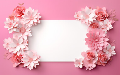 A pink and white paper photo frame with flowers on it