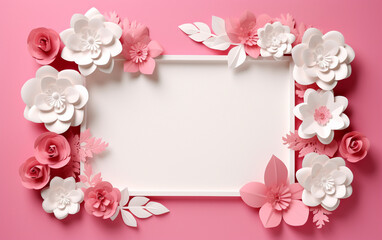 A pink and white paper photo frame with flowers on it