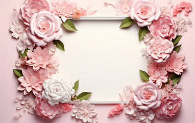 A pink and white paper photo frame with flowers on it