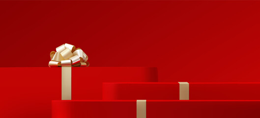 Abstract 3D Vector minimal scene for mockup product display. Minimal product background for Christmas and sale event concept. Red gift box with golden ribbon bow on red background. Vector EPS10