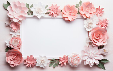 Naklejka na ściany i meble A pink and white paper photo frame with flowers on it