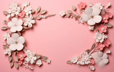 Obraz premium A pink and white paper photo frame with flowers on it