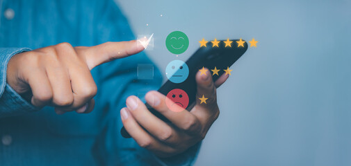 Man hand choosing happy smile face positive mindset selection for feedback review satisfaction service. rating very impressed. Best quality. Customer satisfaction experience concept. copy space.