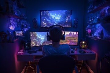 back view of boy playing game with gaming gear