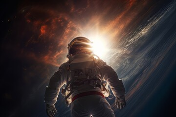 Back view of an astronaut in space with a back light