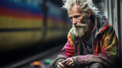 Caucasian Homeless at train terminal. Social crisis, unemployment
