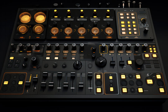 Professional audio studio sound mixer console board panel with recording , faders and adjusting knobs, TV, audio, music equipment.