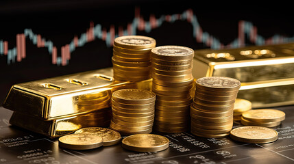 Gold trading, gold bars on fabric with stock graph chart stock market trade background, pile of gold bars financial business economy concepts, wealth and reserve success in business and finance.