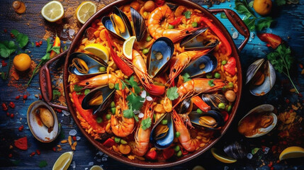 Colorful Seafood Paella Dish with Shellfish, Generative AI.