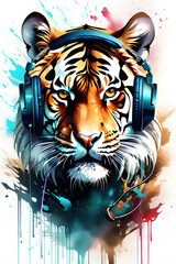 dj tiger with headphones and sunglasses t-shirts design Created with generative AI tools