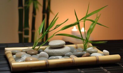 Spa decoration with bamboo, stones, and candles for relaxation.