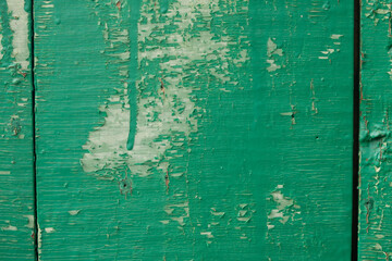 Board with peeling paint. The wooden wall is painted green. Texture.