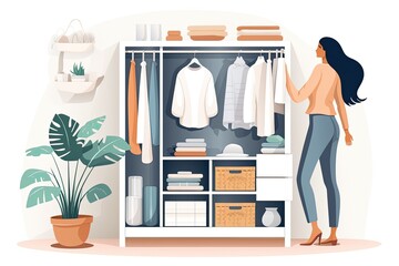 A woman is arranging clothes neatly inside a white wardrobe with open shelves, while also folding laundry in baskets. She is implementing a system to organize and store items efficiently, resulting in - obrazy, fototapety, plakaty