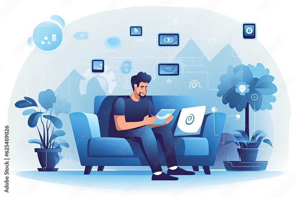Poster a man is seated on a couch, grippinng a tablet device that displays a smart home interface.