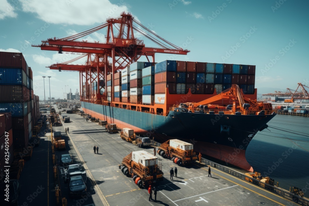 Wall mural cargo ship being loaded with vehicles, generative ai