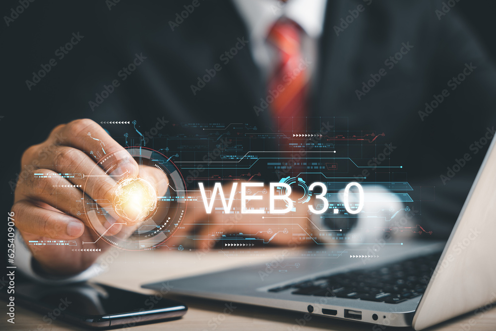 Poster a businessman immersed in the world of web 3.0 leverages internet technology and concepts to drive b