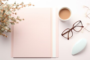 A visually pleasing and simplified workspace with a focus on aesthetic minimalism. Designed for use as a home office and as a backdrop for blogs and social media content. Incorporates notebooks