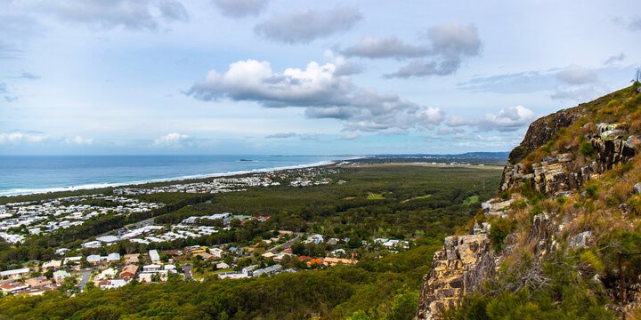 panorama of sunshine coast and coolum beach as seen from the top of mount coolum; aerial view of the coast of south east queensland, australia	