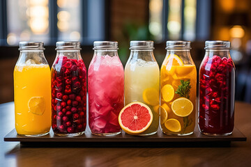 Fruity soft drinks in bottles. Generative AI