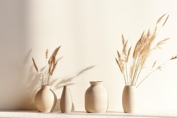 A contemporary set of ceramic vases in a beige color, filled with dried grass and casting shadows from the sunlight, placed on a white tabletop. The image has empty space for text and represents