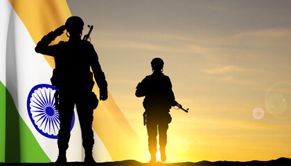 Silhouettes of soldiers on a background of India flag and the sunset. Greeting card for National Holidays. India celebration. EPS10 vector