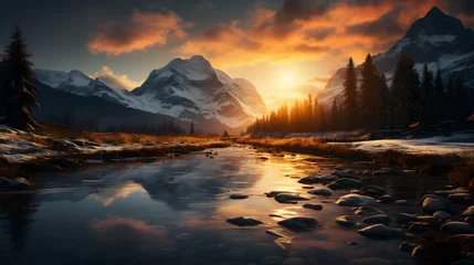 Wall murals Reflection A breathtaking minimalist wallpaper of a majestic mountain range reflected in a crystal-clear lake. Golden hours. Generative IA.