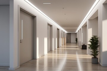 A spacious, well lit hallway with a minimalist design and no one in sight, found within the entrance area of contemporary apartments, offices, or clinics.
