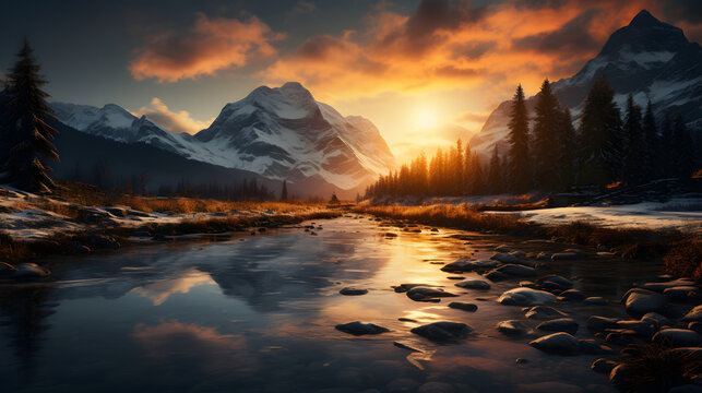 A breathtaking minimalist wallpaper of a majestic mountain range reflected in a crystal-clear lake. Golden hours. 
