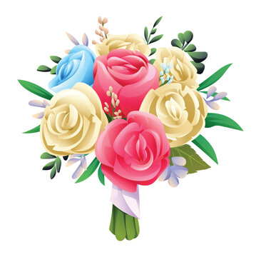 Red, white and blue roses bouquet isolated on white background. Vector illustration of bridal bouquet