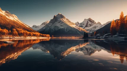 Foto auf Acrylglas Reflection A breathtaking minimalist wallpaper of a majestic mountain range reflected in a crystal-clear lake. Golden hours. Generative IA.
