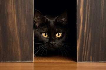 A Scottish straight breed black cat went into the closet and peeks out from behind the door.