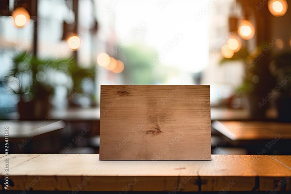 Poster an empty wooden board lies on top of a table in a coffee shop, with a blurred interior and backgroun