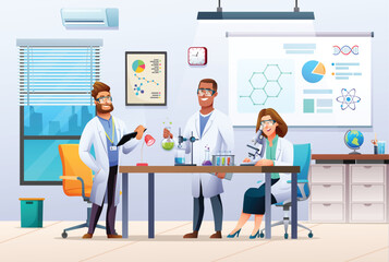 Group of scientists conducting experiments in science laboratory. Male and female scientists doing scientific research. Vector illustration