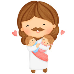 Inspirational Jesus Cartoon holding Children with Love clipart.
