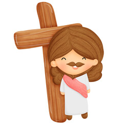 Inspiring Jesus Cartoon with Cross Spiritual Vector Illustration for Christian Art.Faith Based with cross Adorable Jesus Cartoon for Digital Art.