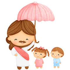 Inspirational Jesus Cartoon Holding Umbrella for Children clipart.