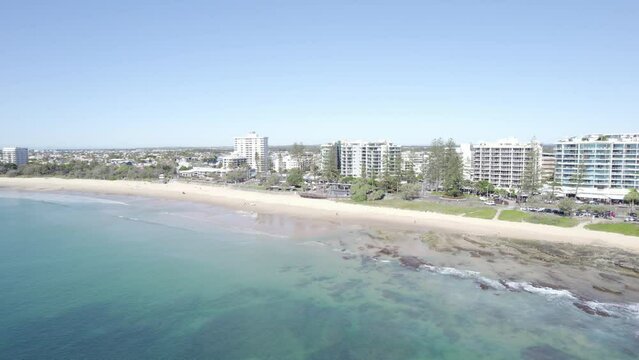 Coastal Suburb At The Mooloolaba Beach In Queensland, Australia. aerial pullback