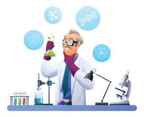 Scientist professor conducting experiments in science laboratory. Scientific research concept. Vector cartoon illustration